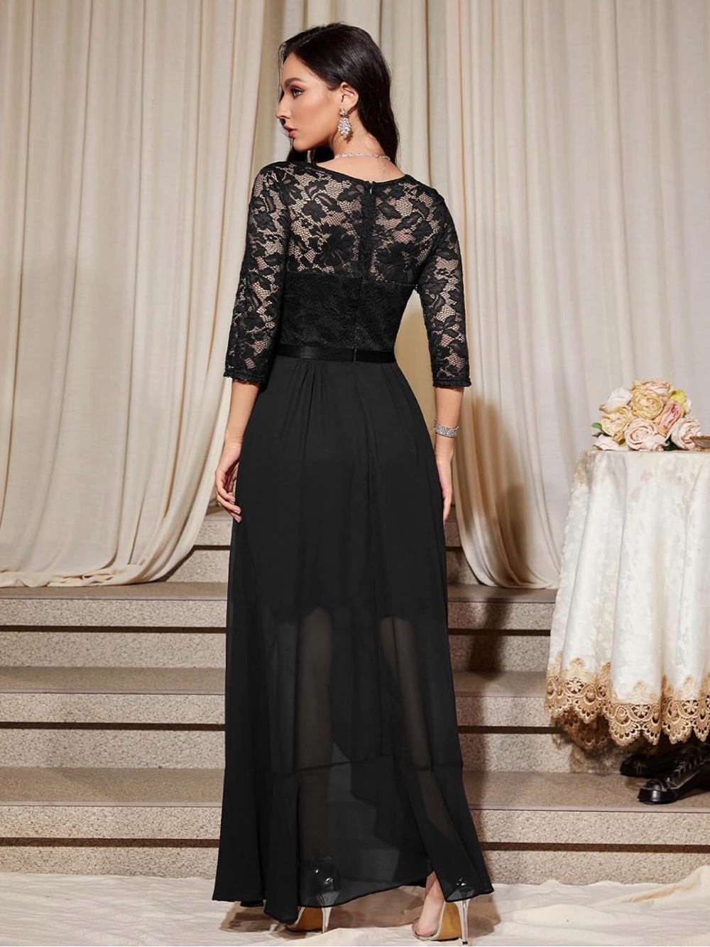 NWT Black Lace High-Low Evening Dress with Three-Quarter Sleeves, XL - Picture 2 of 9